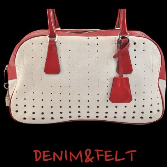 Prada Vintage White/ Red Leather 2000’s Bowling Bag/Perforated Vitello Bag |RARE - Picture 2 of 16